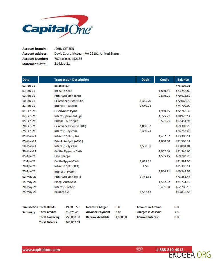 Modèle de relevé bancaire USA Capital One facile à remplir au format Excel et PDF
